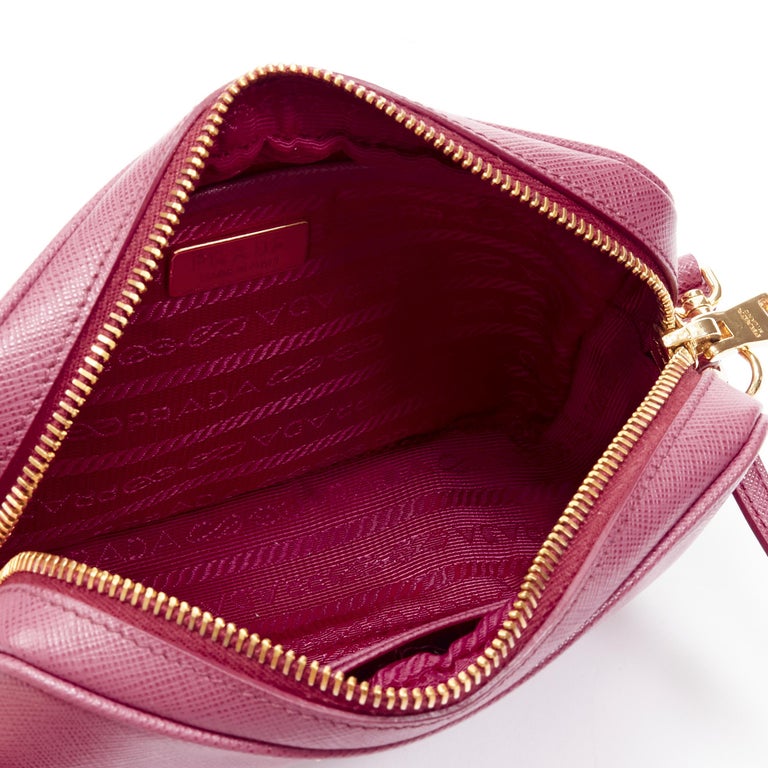 PRADA Bandoliera Bruyere pink saffiano leather gold logo crossbody camera  bag at 1stDibs