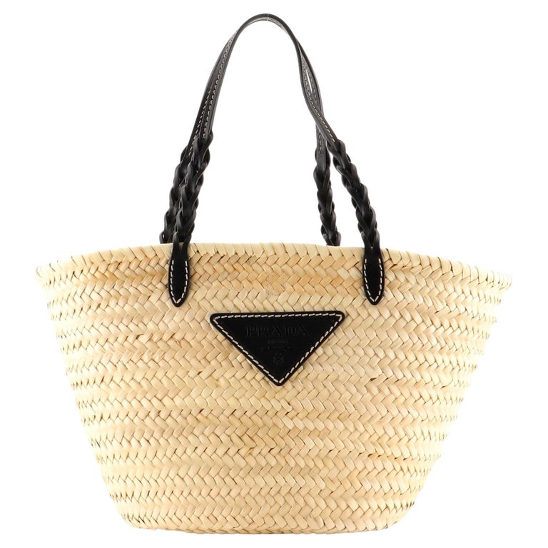 Prada Basket Tote Bag Straw with Leather For Sale at 1stDibs