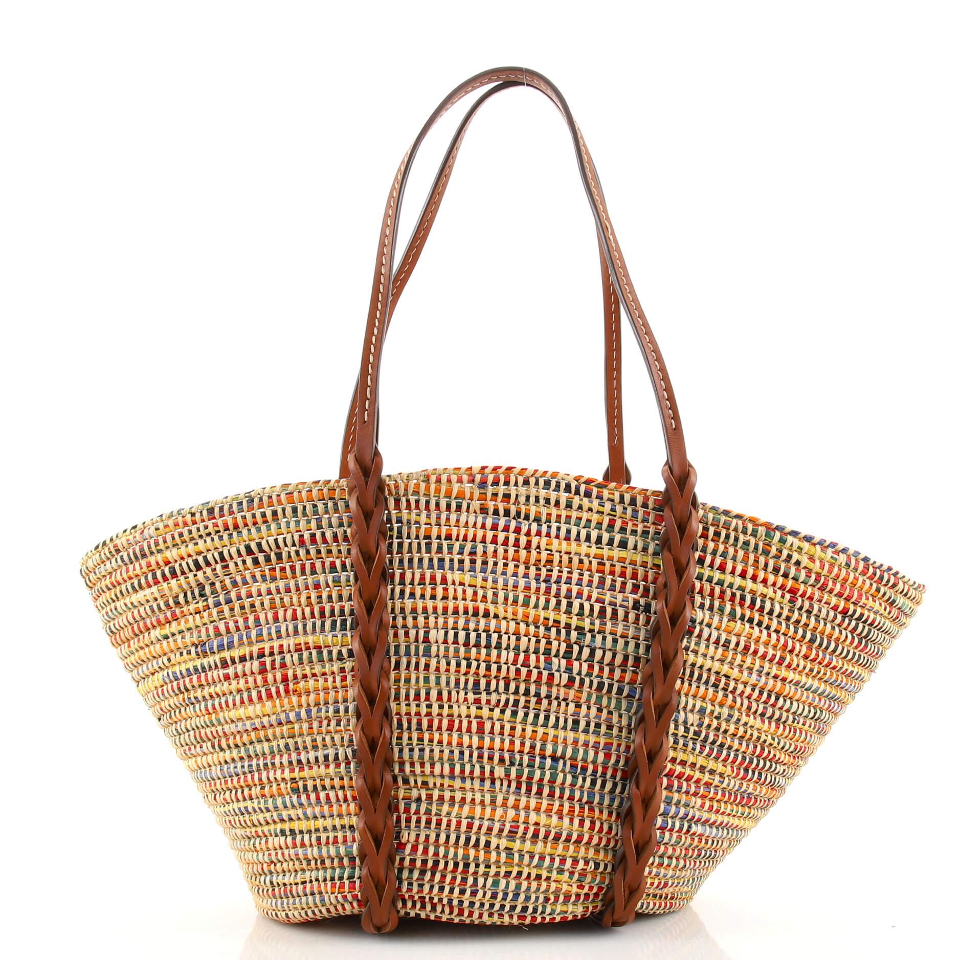 Prada Basket Tote Woven Raffia with Leather Medium In Good Condition In NY, NY