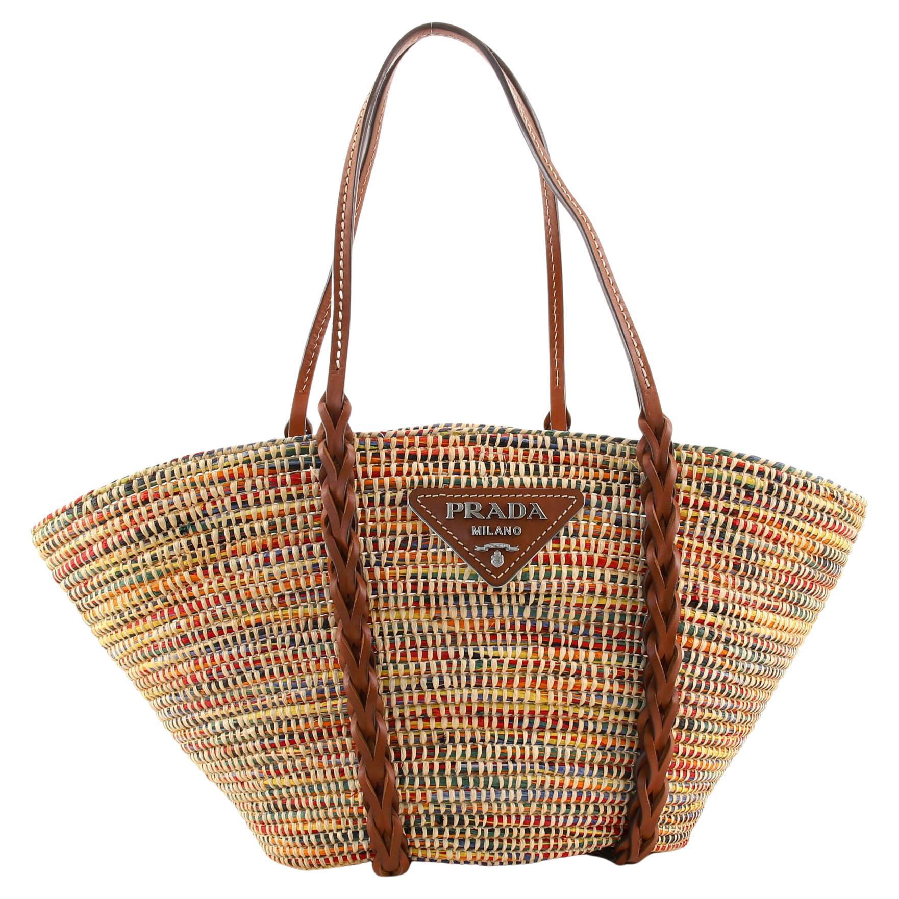 Medium Logo Raffia Tote in Beige - Prada