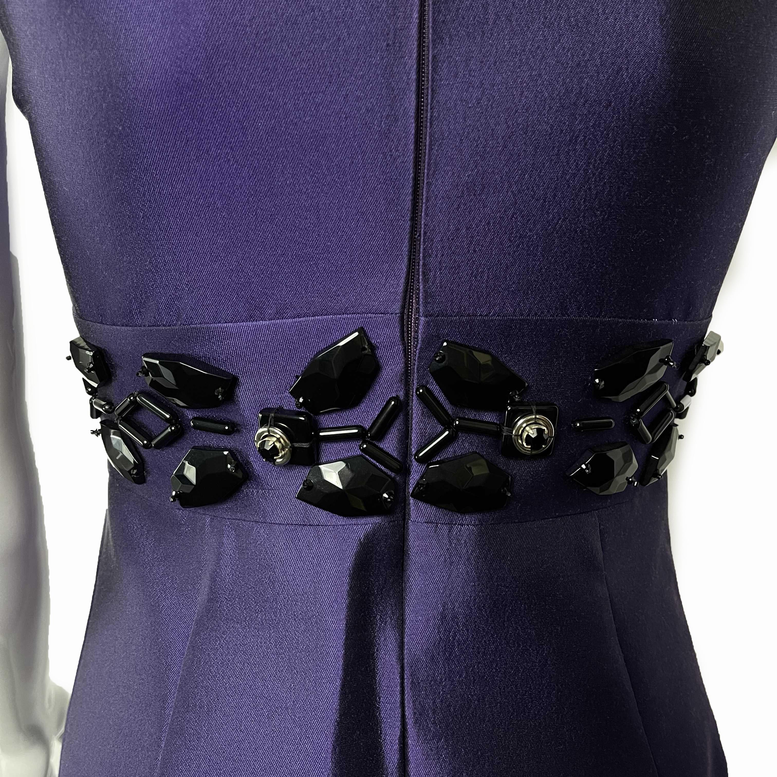 PRADA Beaded Detail A-Line Purple Satin-like Sleeveless Midi Dress In Excellent Condition In Sanford, FL