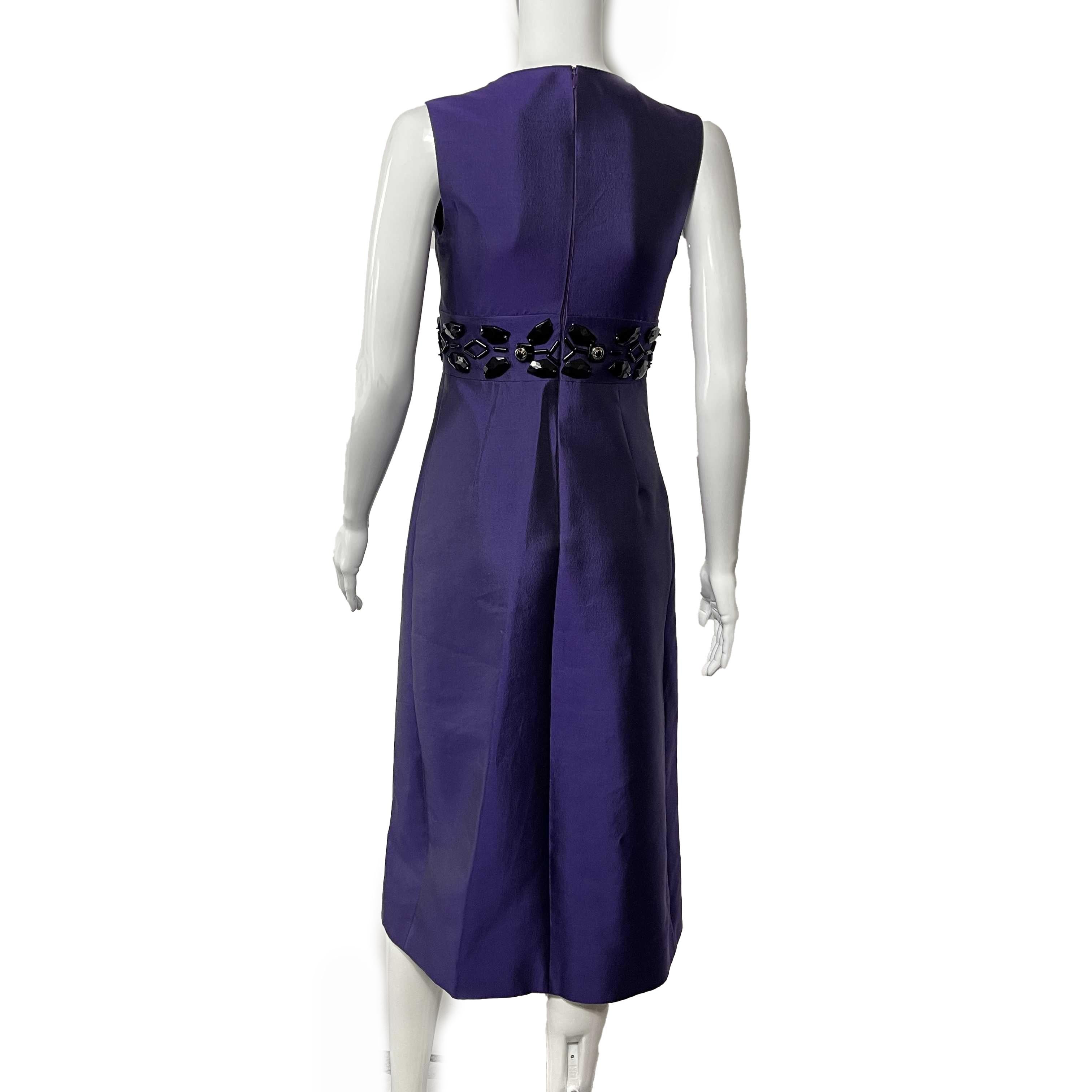 Women's PRADA Beaded Detail A-Line Purple Satin-like Sleeveless Midi Dress