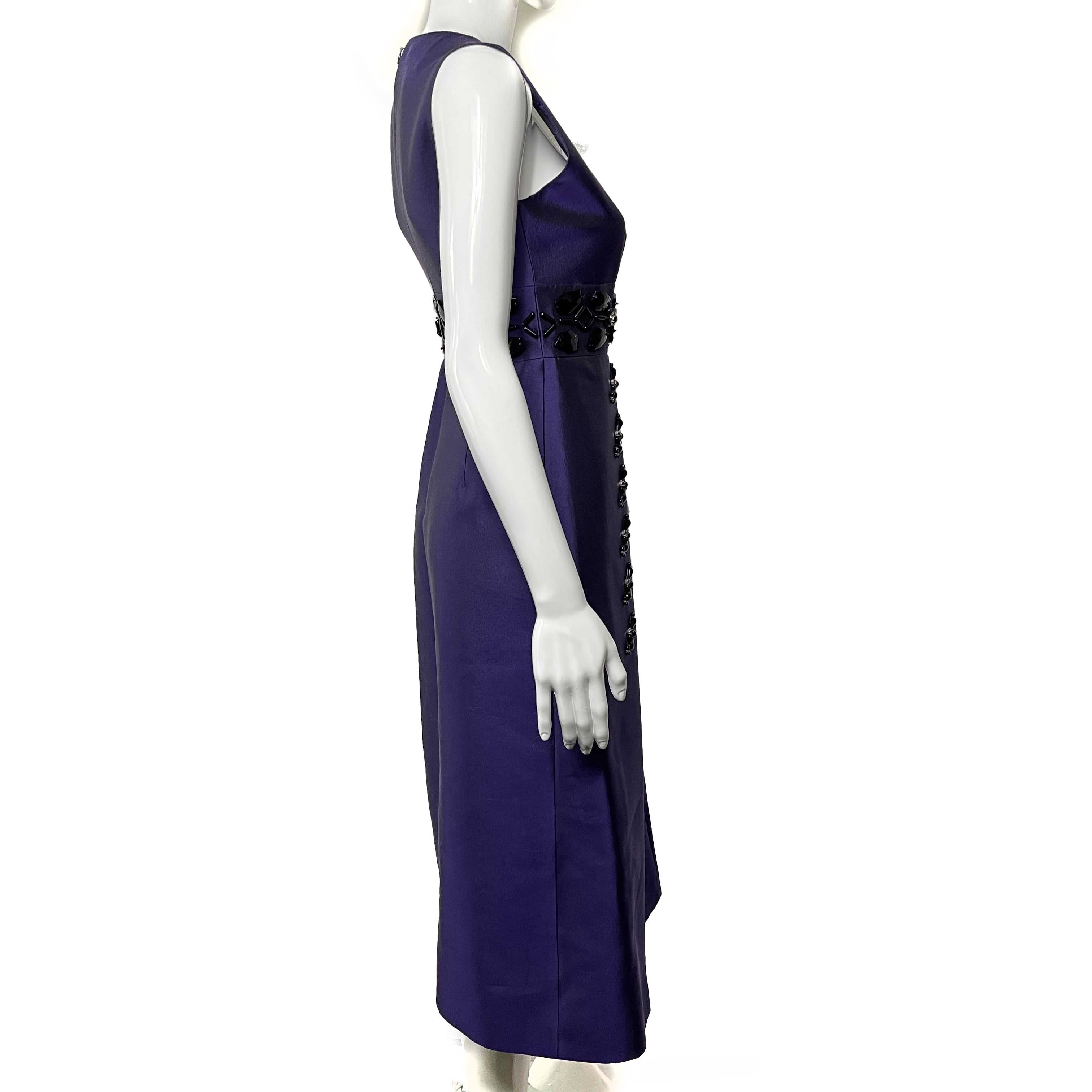 PRADA Beaded Detail A-Line Purple Satin-like Sleeveless Midi Dress 1