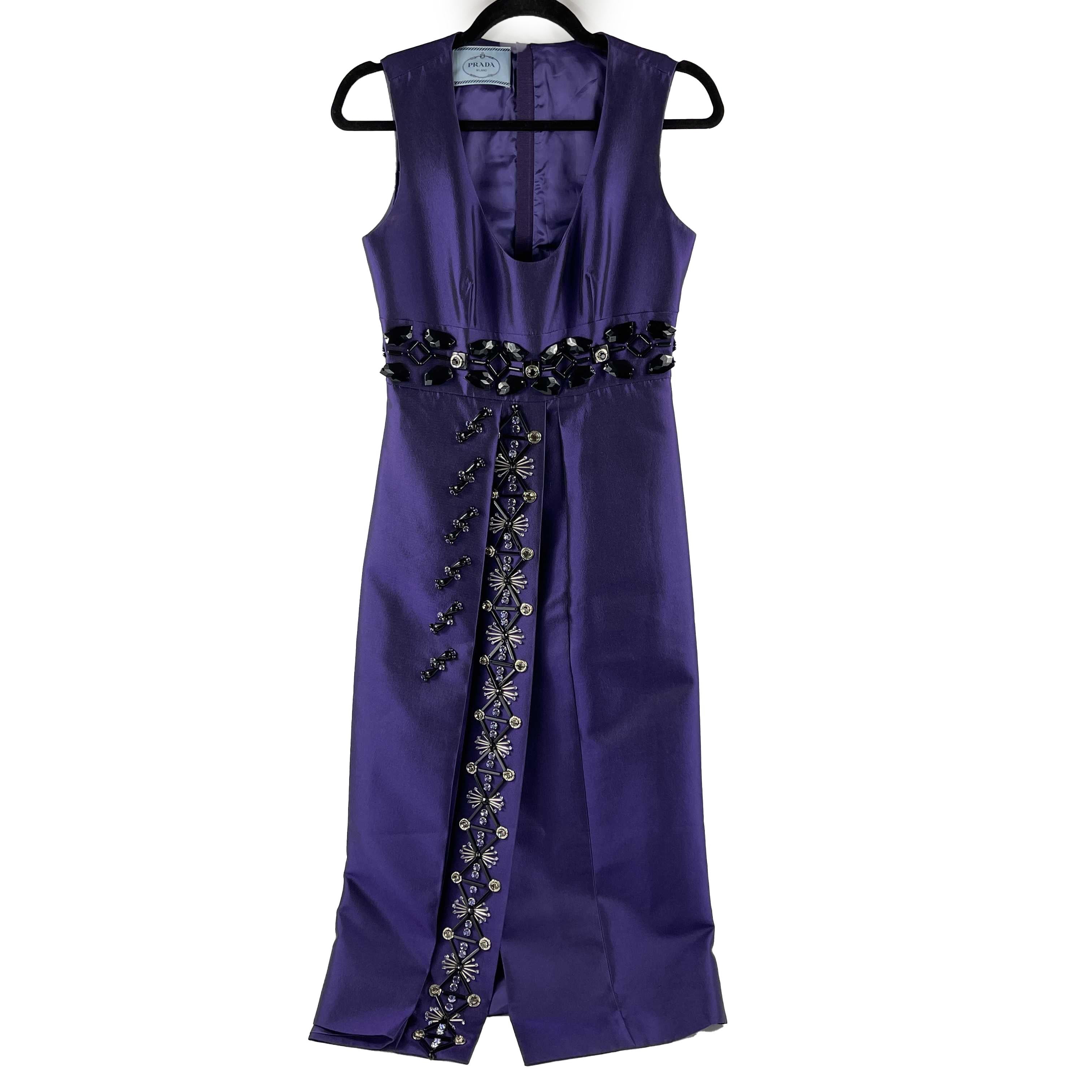 PRADA Beaded Detail A-Line Purple Satin-like Sleeveless Midi Dress 2
