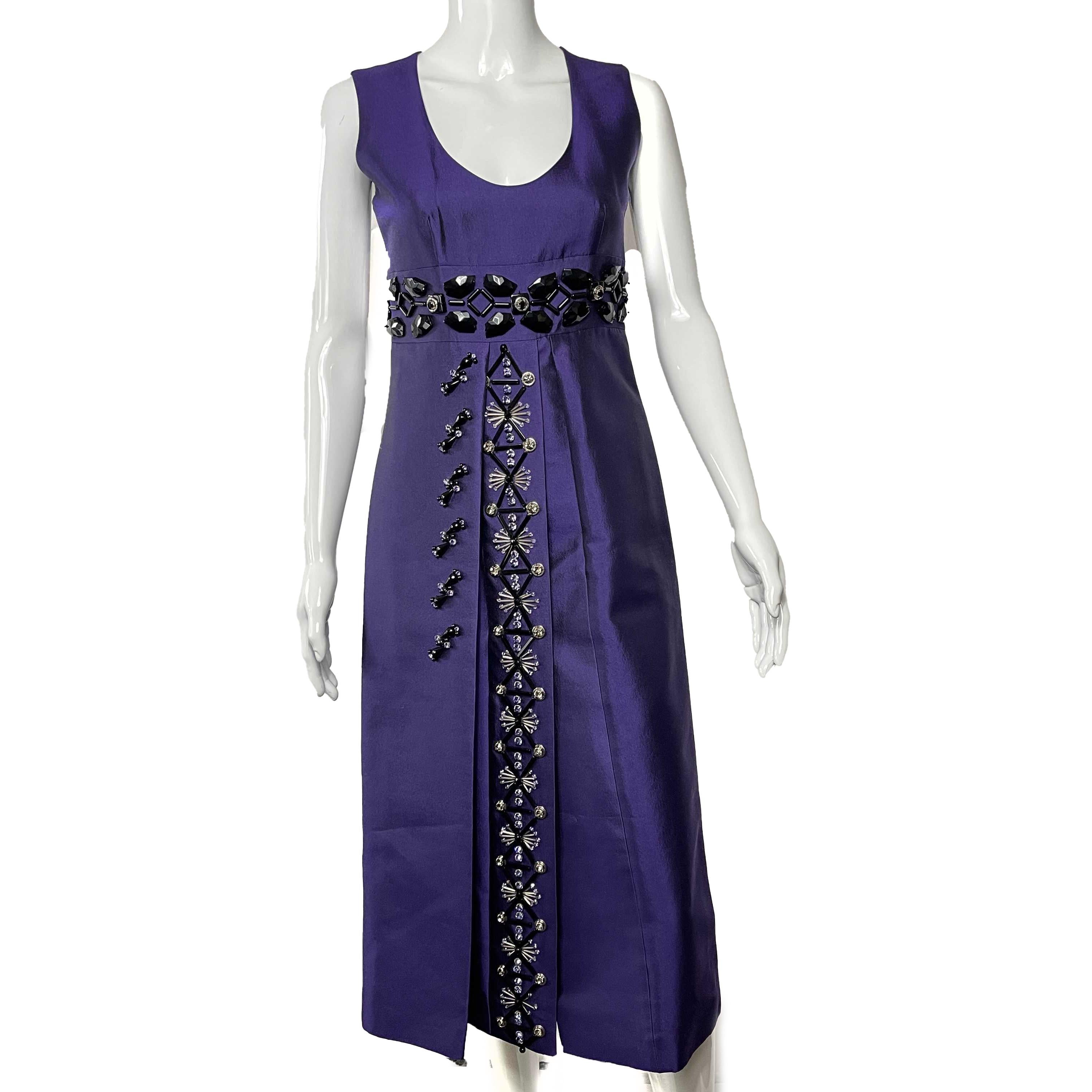 PRADA Beaded Detail A-Line Purple Satin-like Sleeveless Midi Dress 4