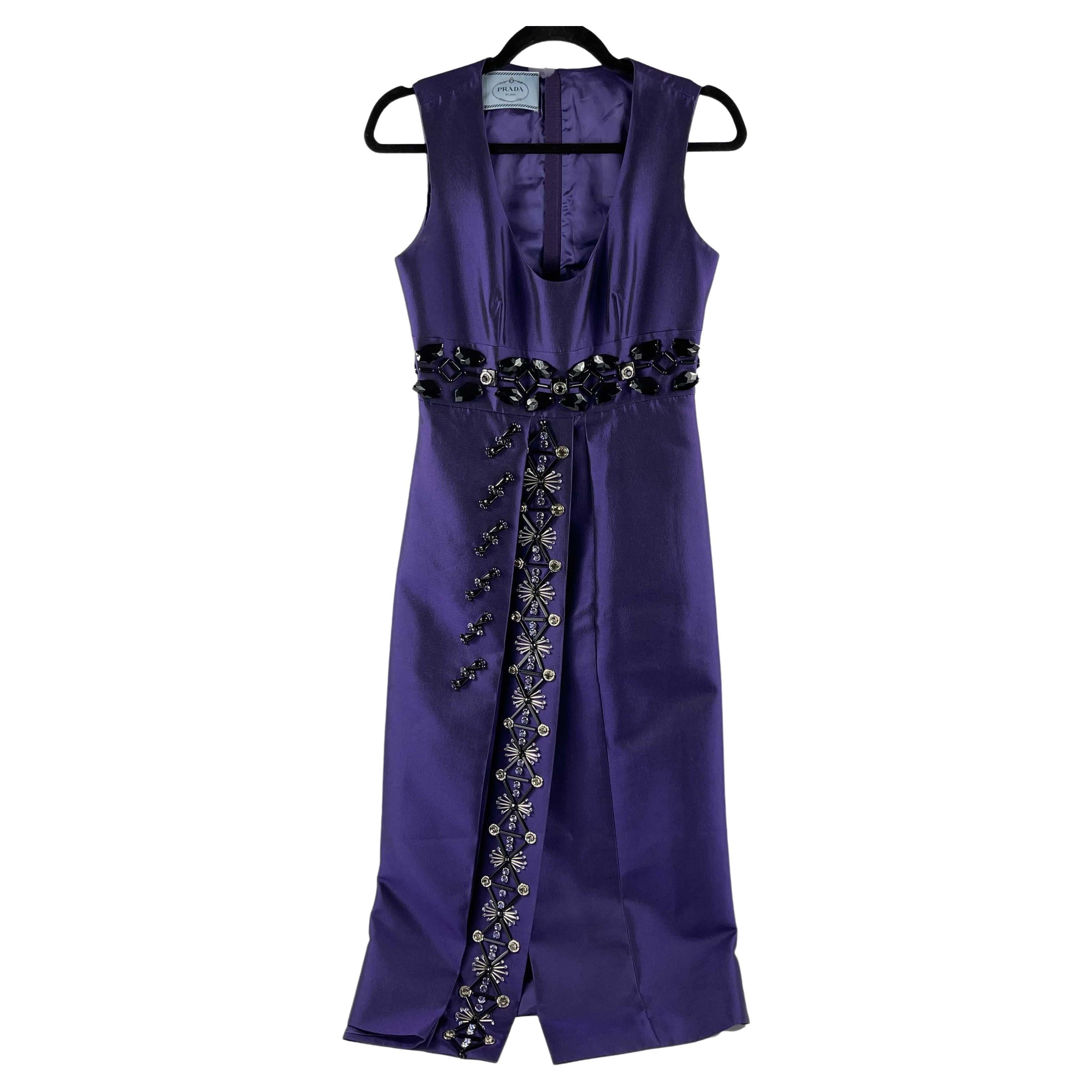 PRADA Beaded Detail A-Line Purple Satin-like Sleeveless Midi Dress