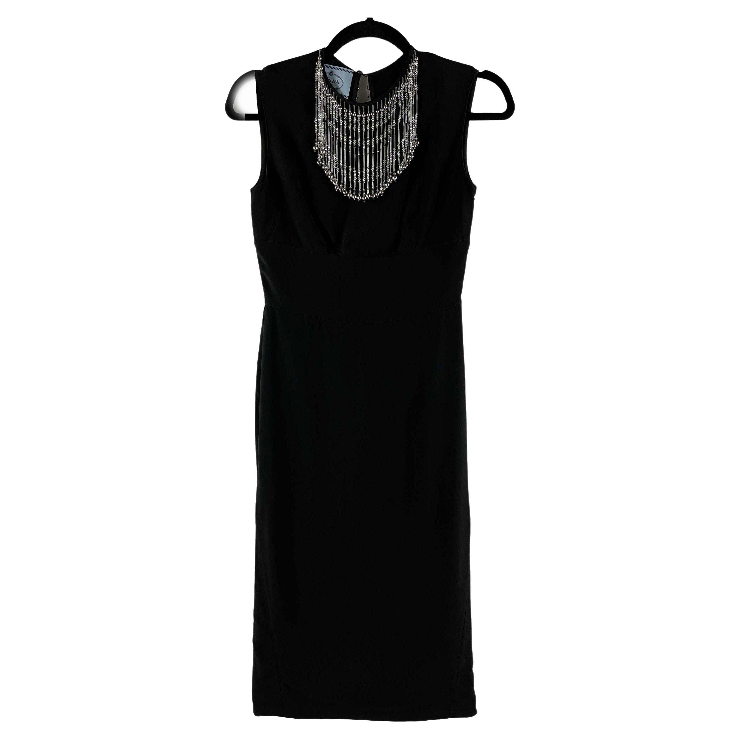 PRADA Beaded Fringe Sheath Midi Dress Black / Clear and Silver Beads