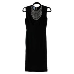 PRADA Beaded Fringe Sheath Midi Dress Black / Clear and Silver Beads