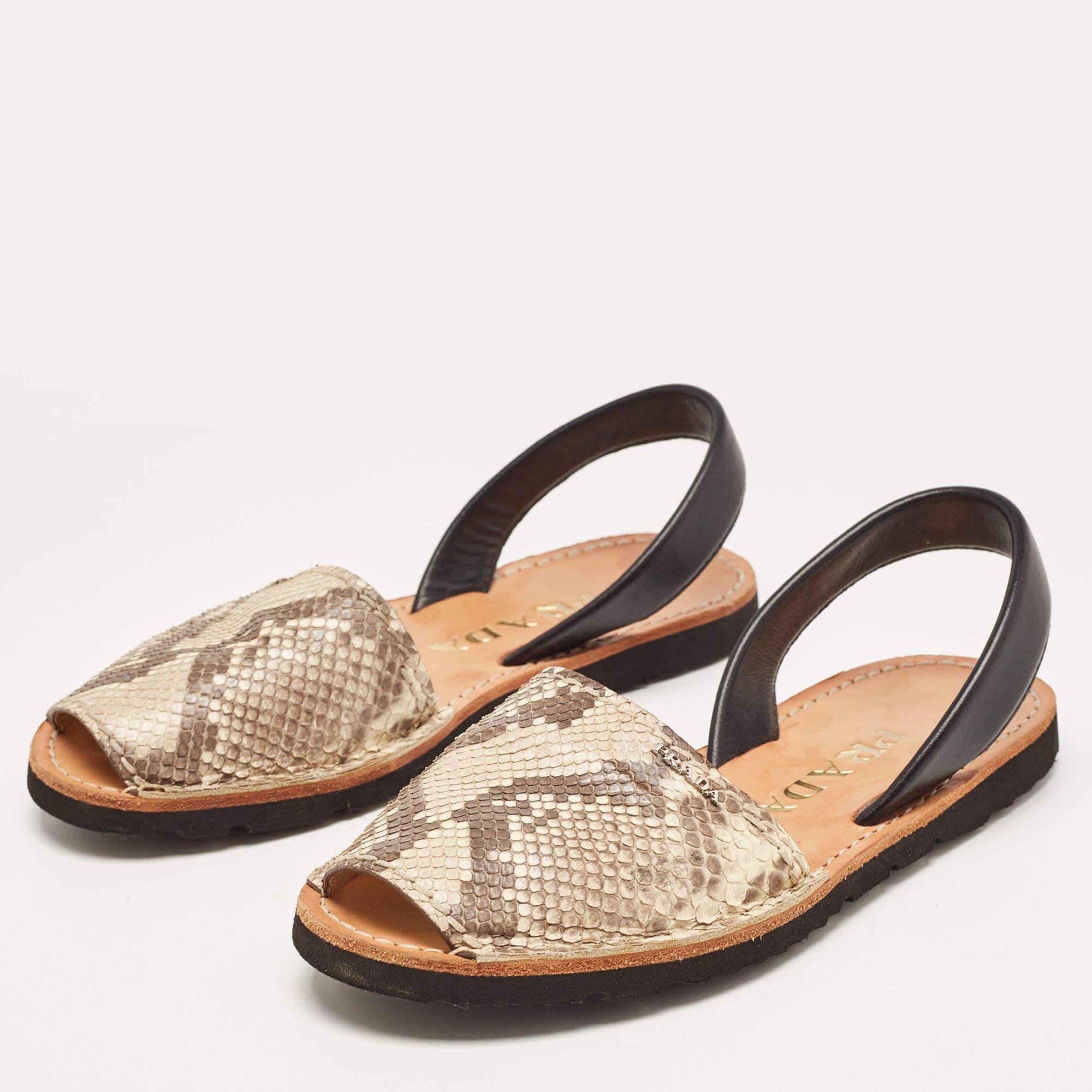.Prada Beige/Black Python and Leather Flat Slingback Sandals Size 37 For Sale 1