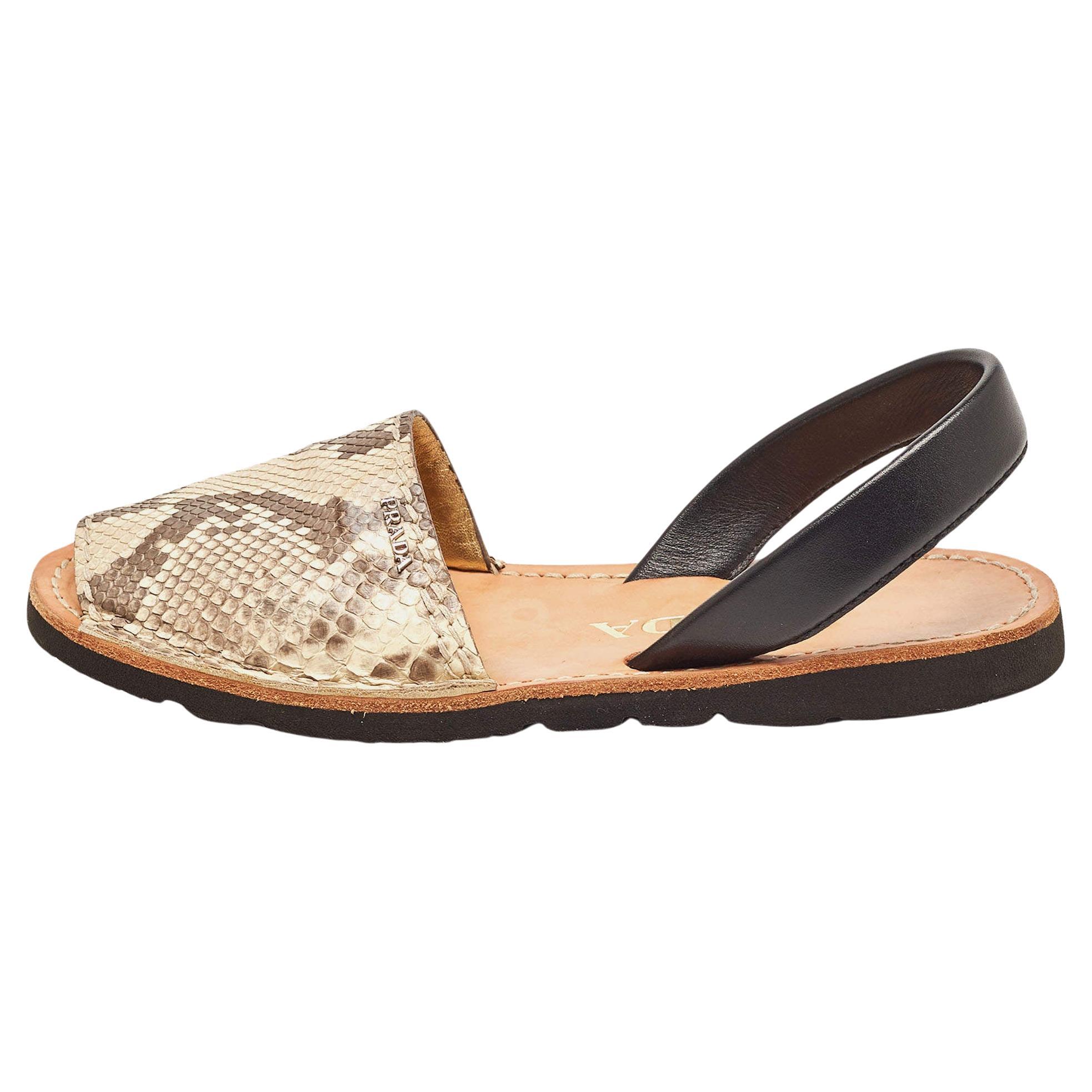 .Prada Beige/Black Python and Leather Flat Slingback Sandals Size 37 For Sale
