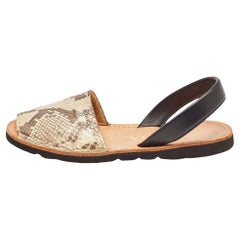 Used .Prada Beige/Black Python and Leather Flat Slingback Sandals Size 37