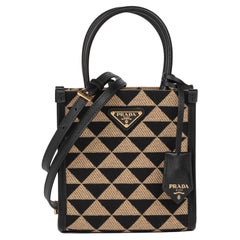 Used PRADA Beige & Black Symbole Embroidered Fabric, Black Saffiano Leather Mini Shou