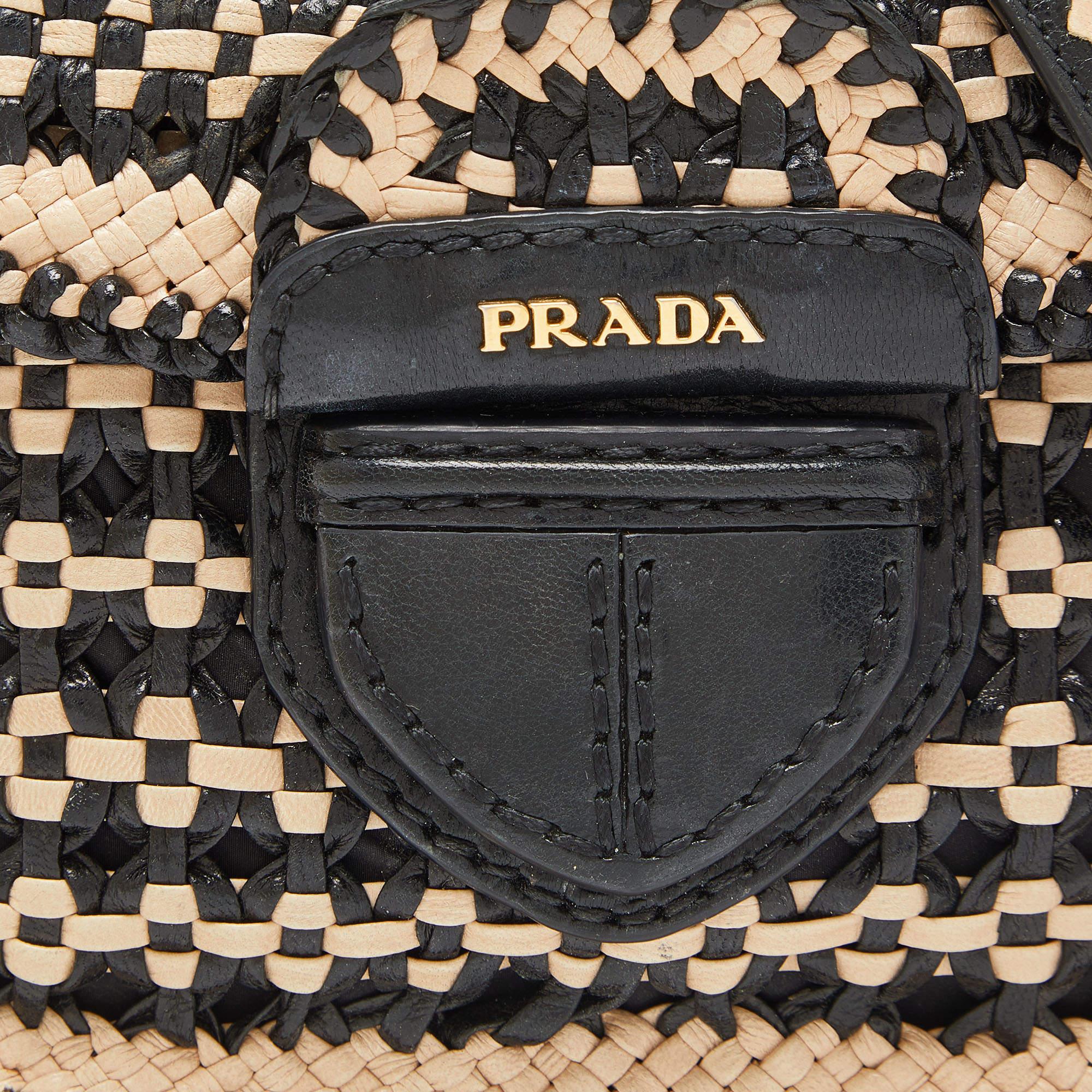 Prada Beige/Black Woven Madras Leather Crossbody Bag 6