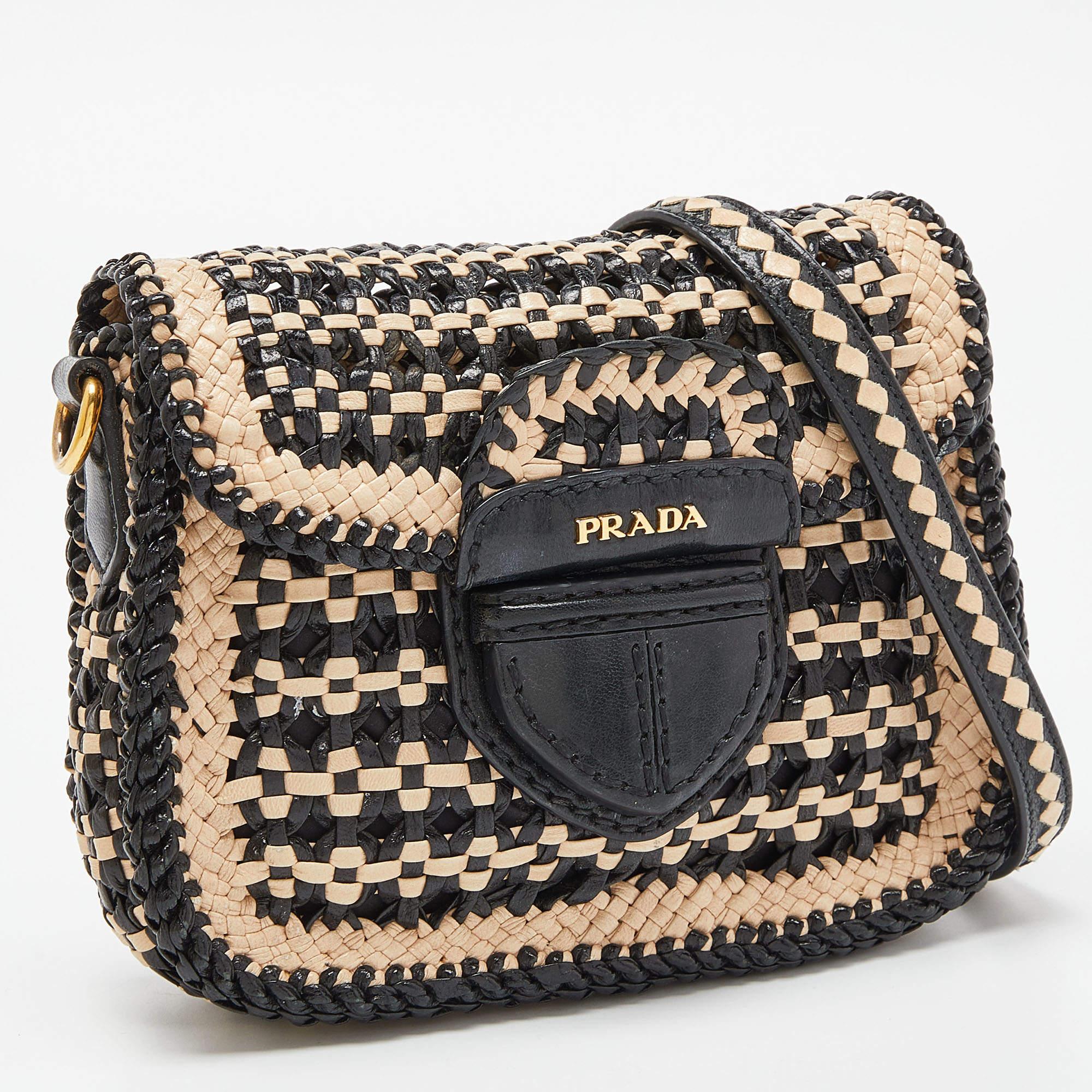 Women's Prada Beige/Black Woven Madras Leather Crossbody Bag