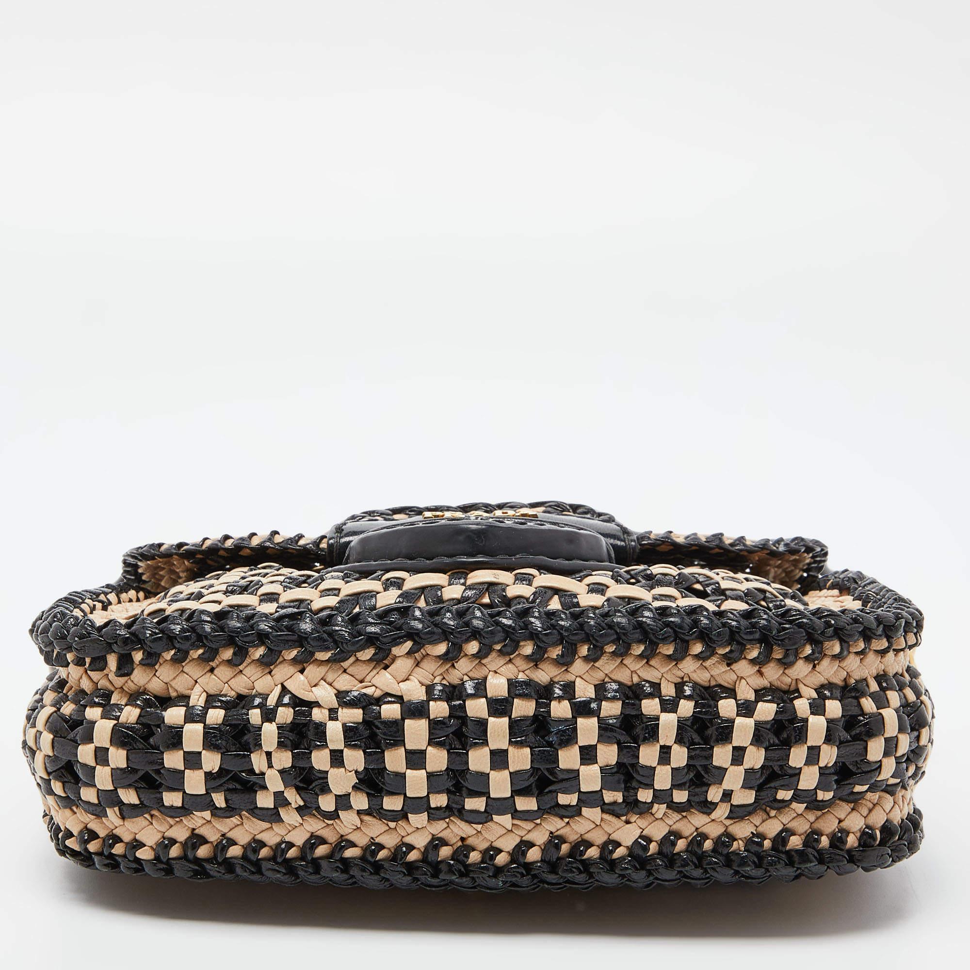 Prada Beige/Black Woven Madras Leather Crossbody Bag 3