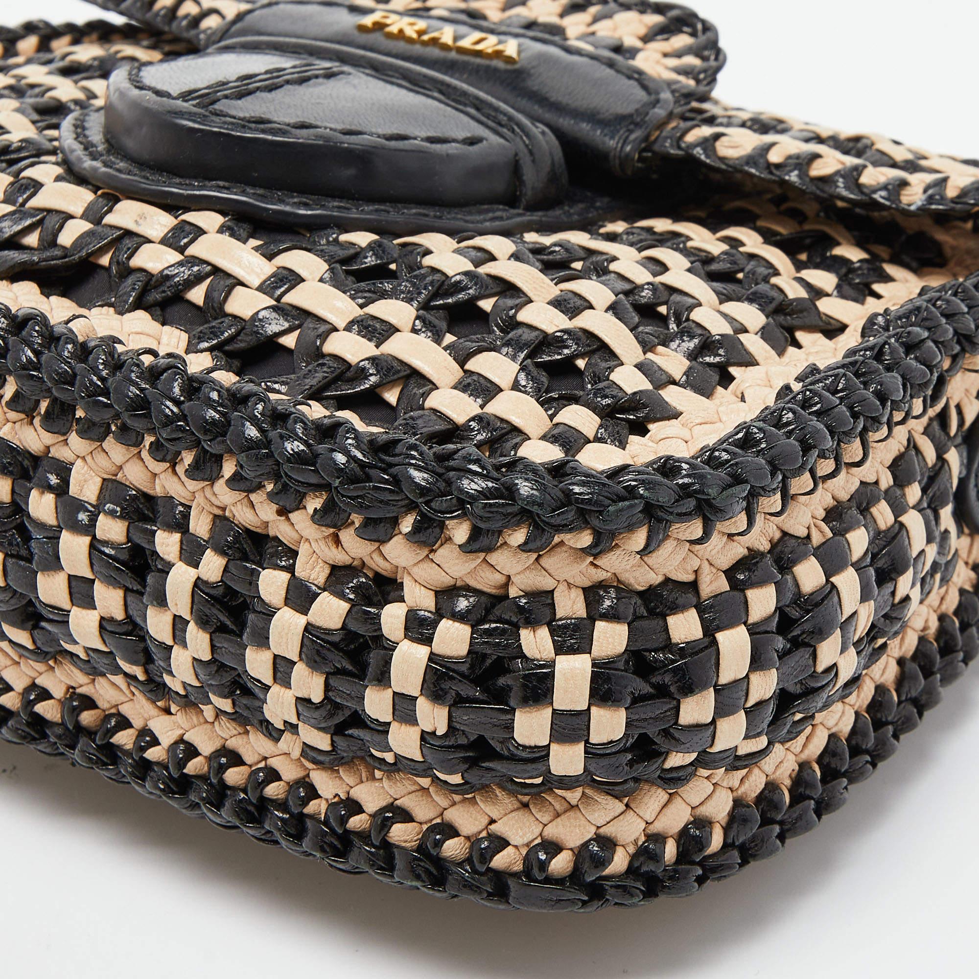 Prada Beige/Black Woven Madras Leather Crossbody Bag 5