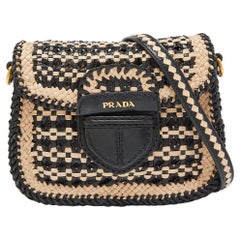 Prada Beige/Black Woven Madras Leather Crossbody Bag