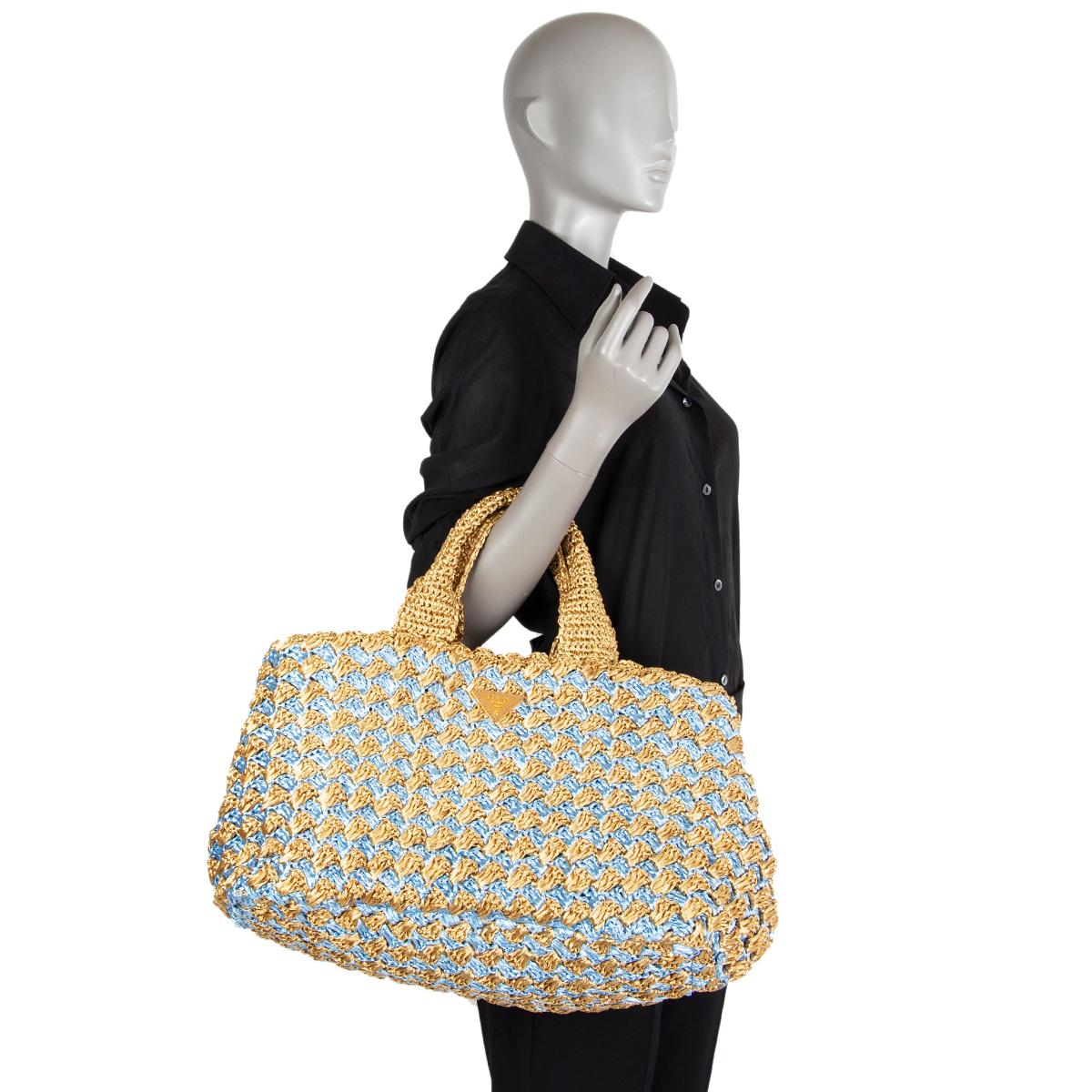 Women's PRADA beige & blue CANAPA RAFFIA CROCHET Tote Bag Naturale/Ciel