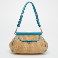 Prada Beige/Blue Straw and Leather Shoulder Bag