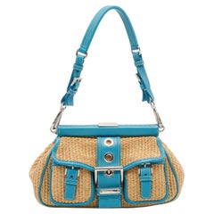 Prada Beige/Blue Straw and Leather Shoulder Bag