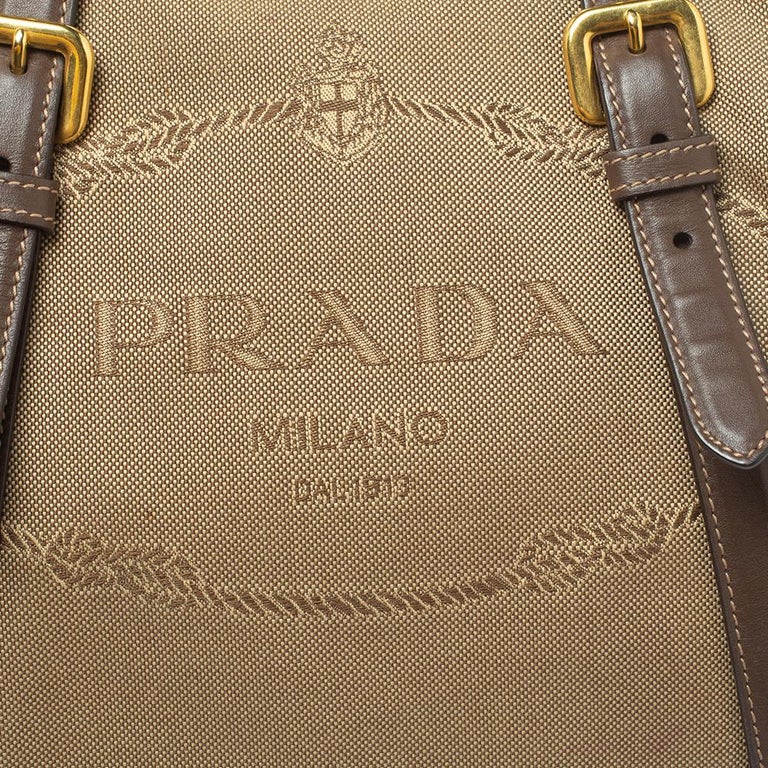 Prada Beige/Brown Canapa Canvas and Leather Tote For Sale at 1stDibs