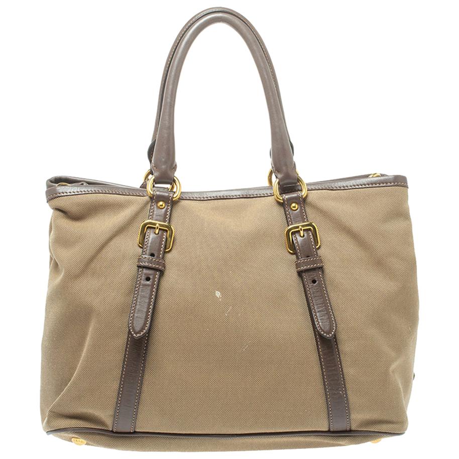 Prada Beige/Brown Canapa Canvas and Leather Tote