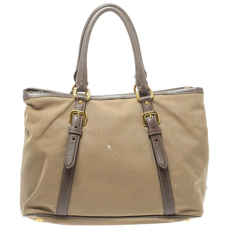 Prada Beige/Brown Canapa Canvas and Leather Tote For Sale at 1stDibs
