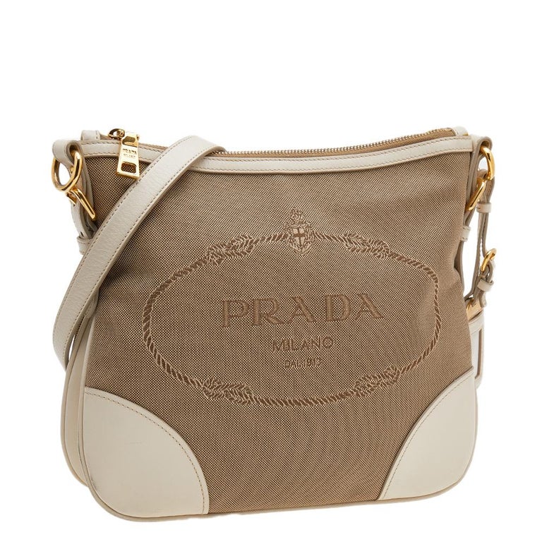 Prada Beige/Brown Canvas And Leather Canapa Logo Crossbody Bag at 1stDibs