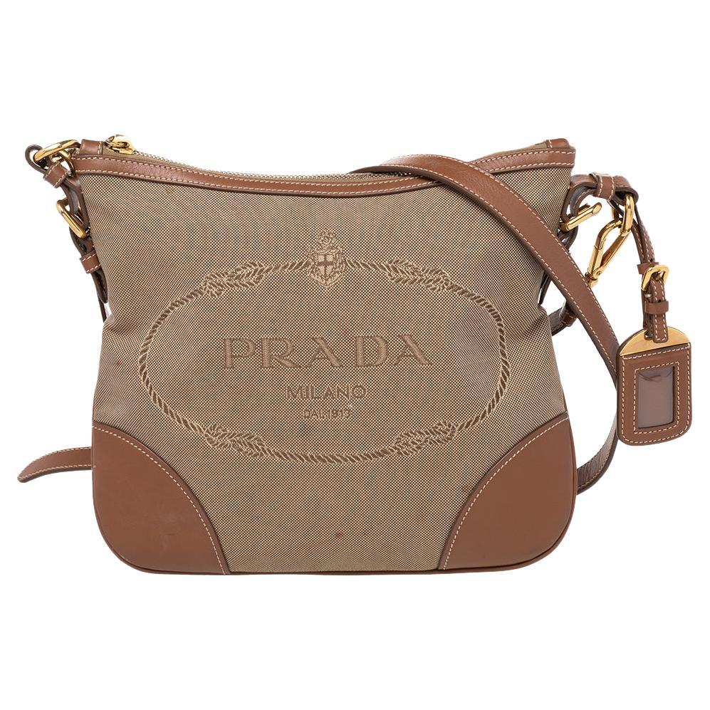 Prada Beige/Brown Canvas And Leather Canapa Logo Shoulder Bag