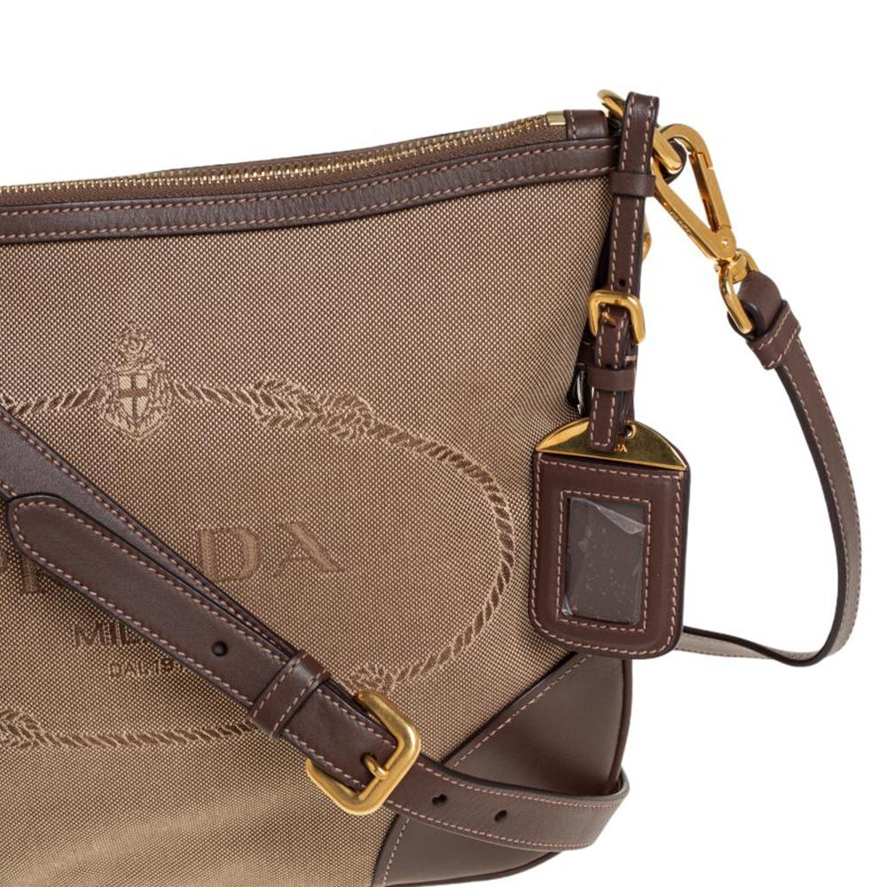 Prada Beige/Brown Canvas And Leather CrossBody Bag In Good Condition In Dubai, Al Qouz 2