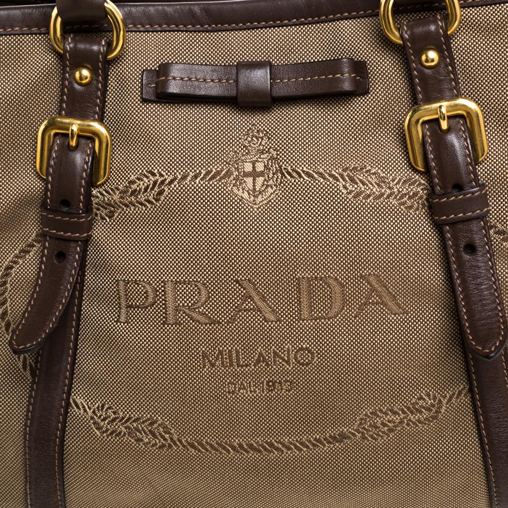 Women's Prada Beige/Brown Jacquard Logo Canvas and Leather Bow Shoulder Bag