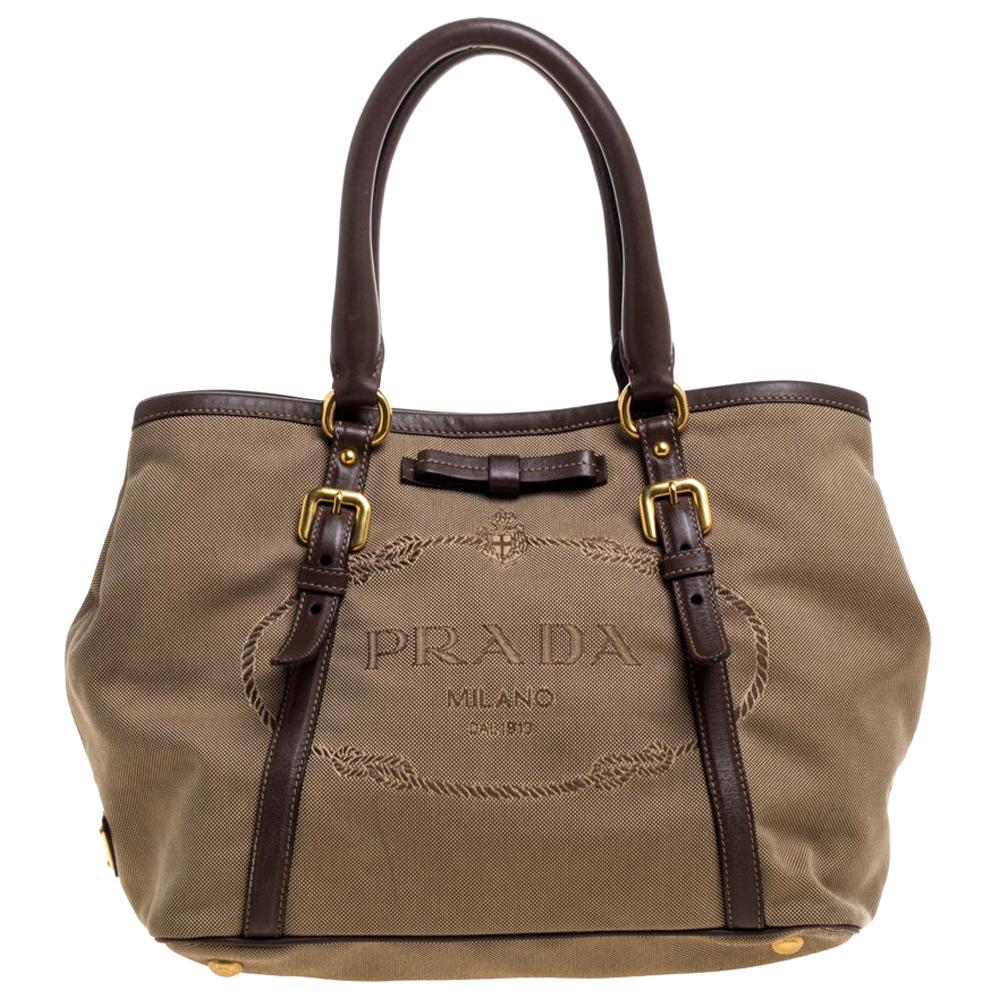 Prada Beige/Brown Jacquard Logo Canvas and Leather Bow Shoulder Bag at  1stDibs