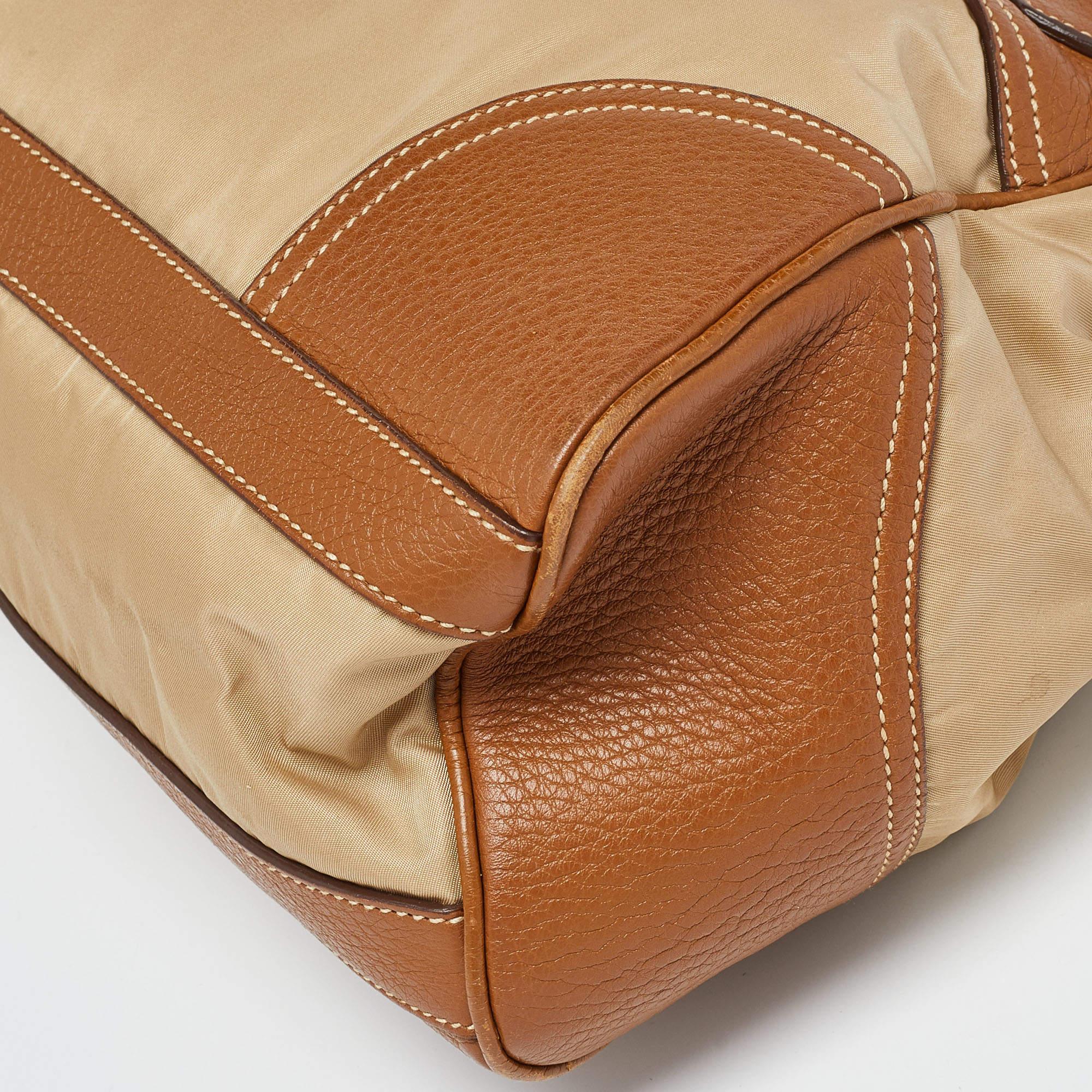 Women's Prada Beige/Brown Leather and Nylon Logo Satchel For Sale