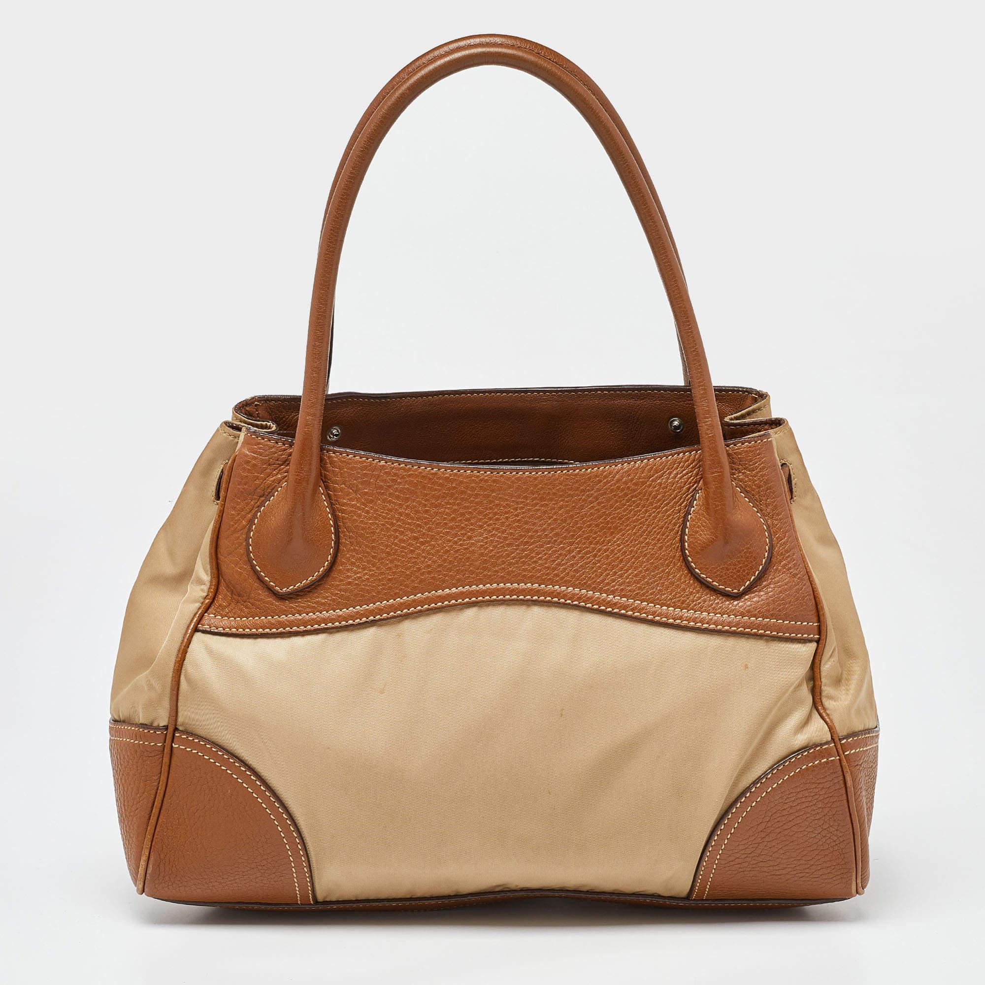 Prada Beige/Brown Leather and Nylon Logo Satchel For Sale 1