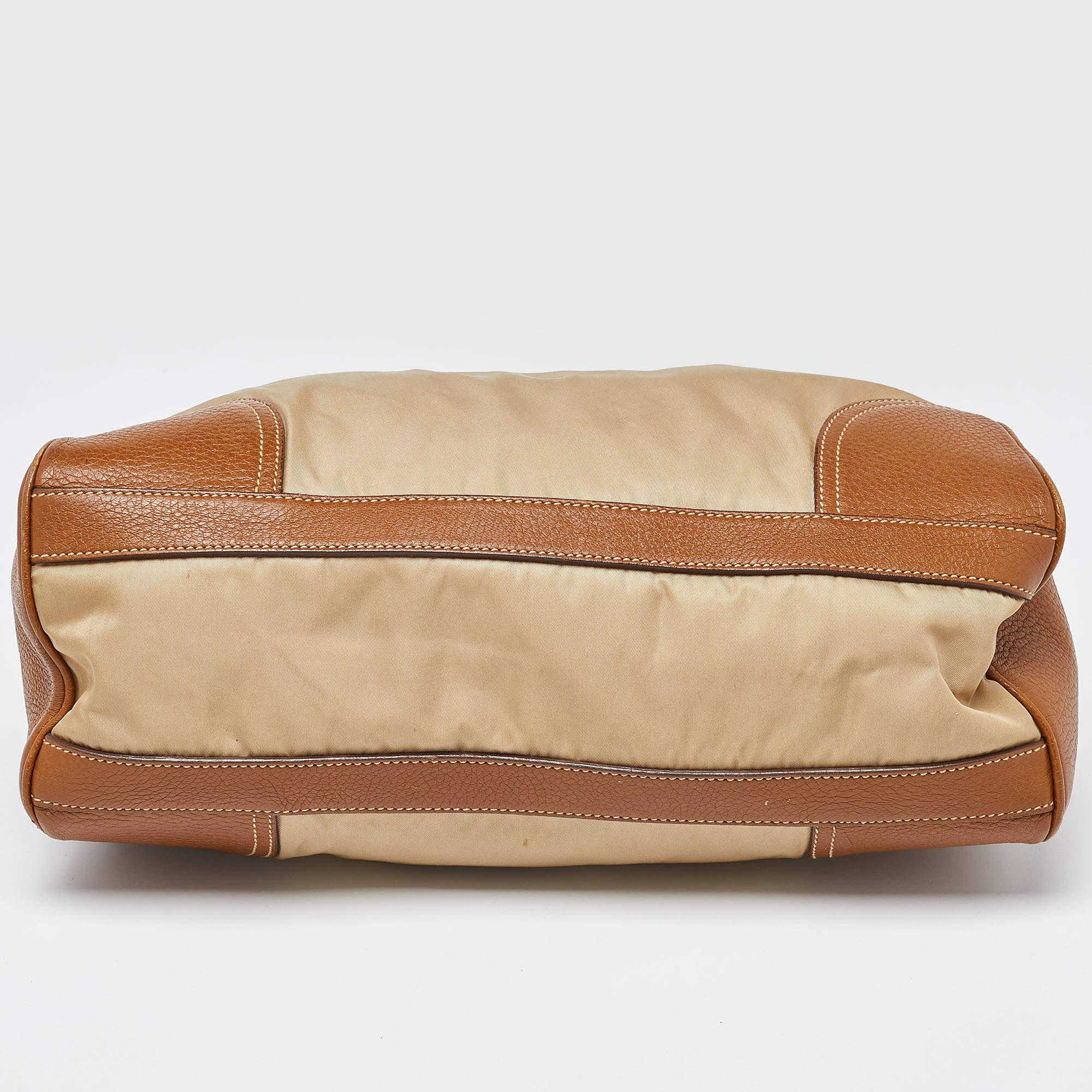 Prada Beige/Brown Leather and Nylon Logo Satchel For Sale 2