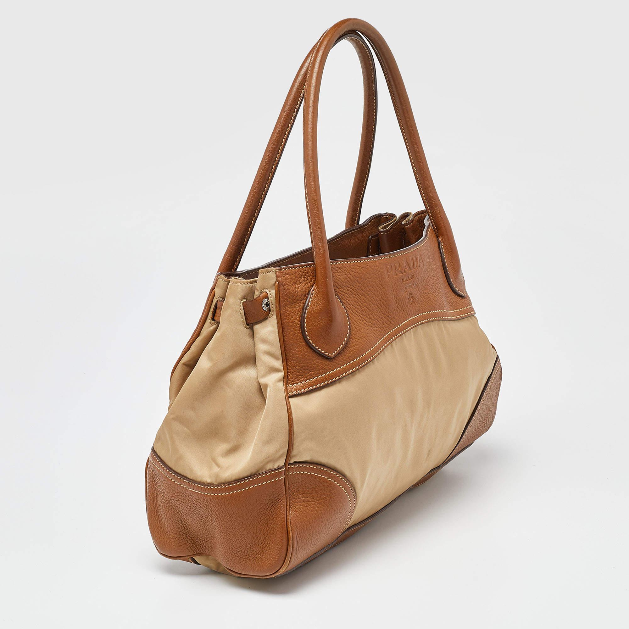 Prada Beige/Brown Leather and Nylon Logo Satchel For Sale 3