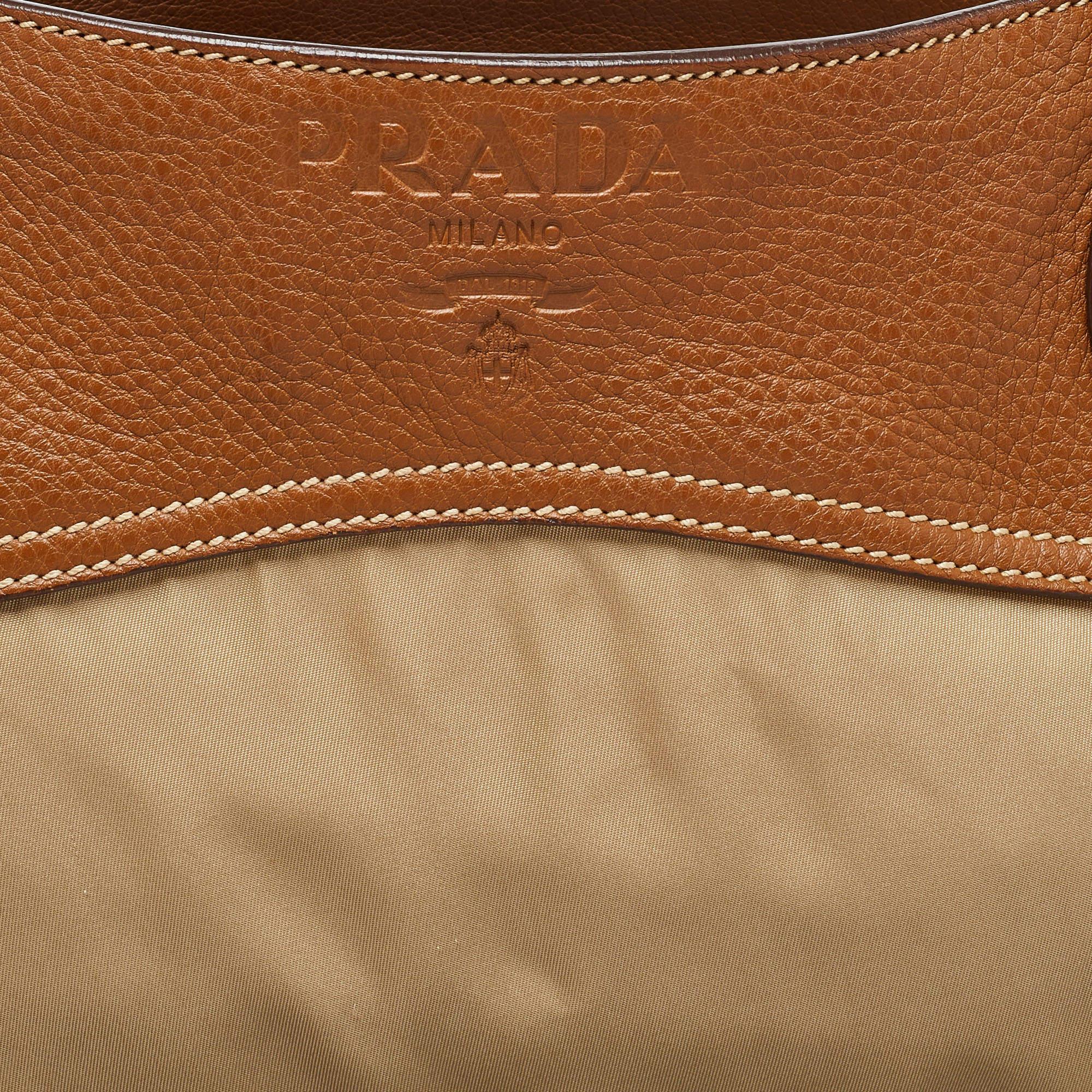 Prada Beige/Brown Leather and Nylon Logo Satchel For Sale 4
