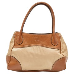 Prada Beige/Brown Leather and Nylon Logo Satchel