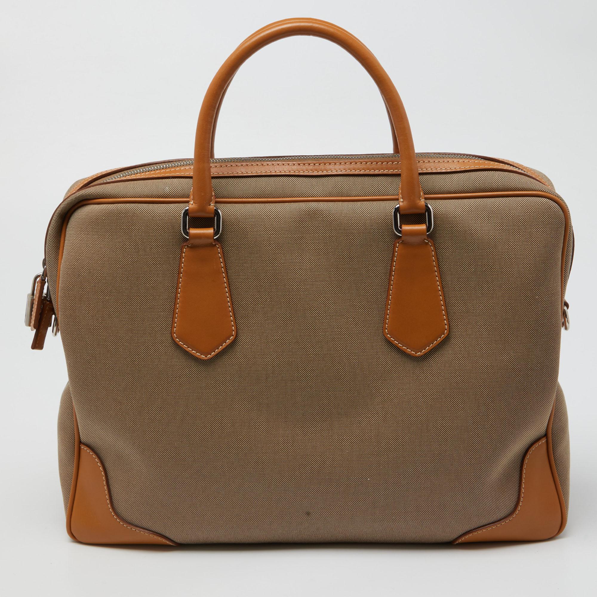 Prada Beige/Brown Logo Jacquard and Leather Bauletto Bag In Fair Condition In Dubai, Al Qouz 2
