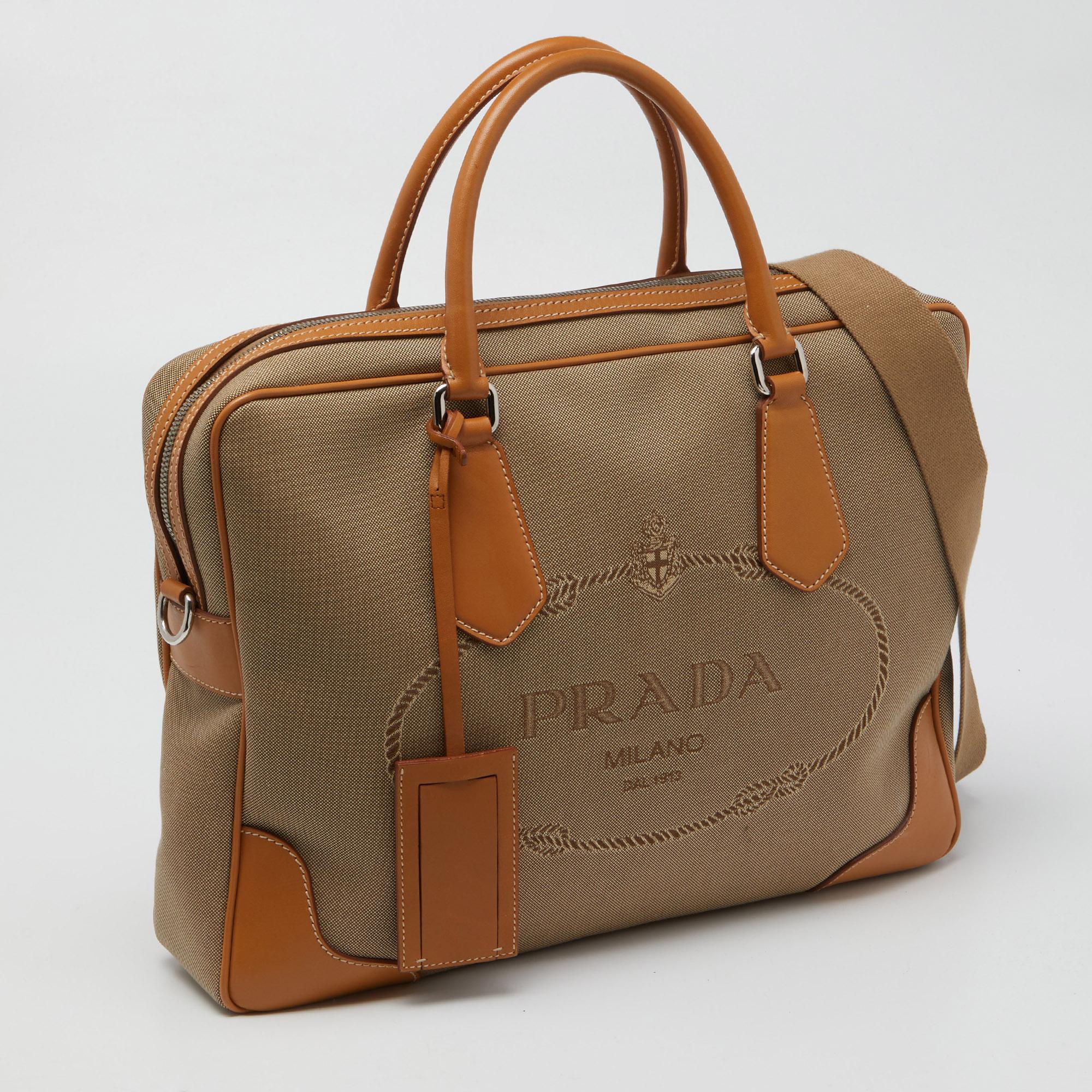 Women's Prada Beige/Brown Logo Jacquard and Leather Bauletto Bag For Sale