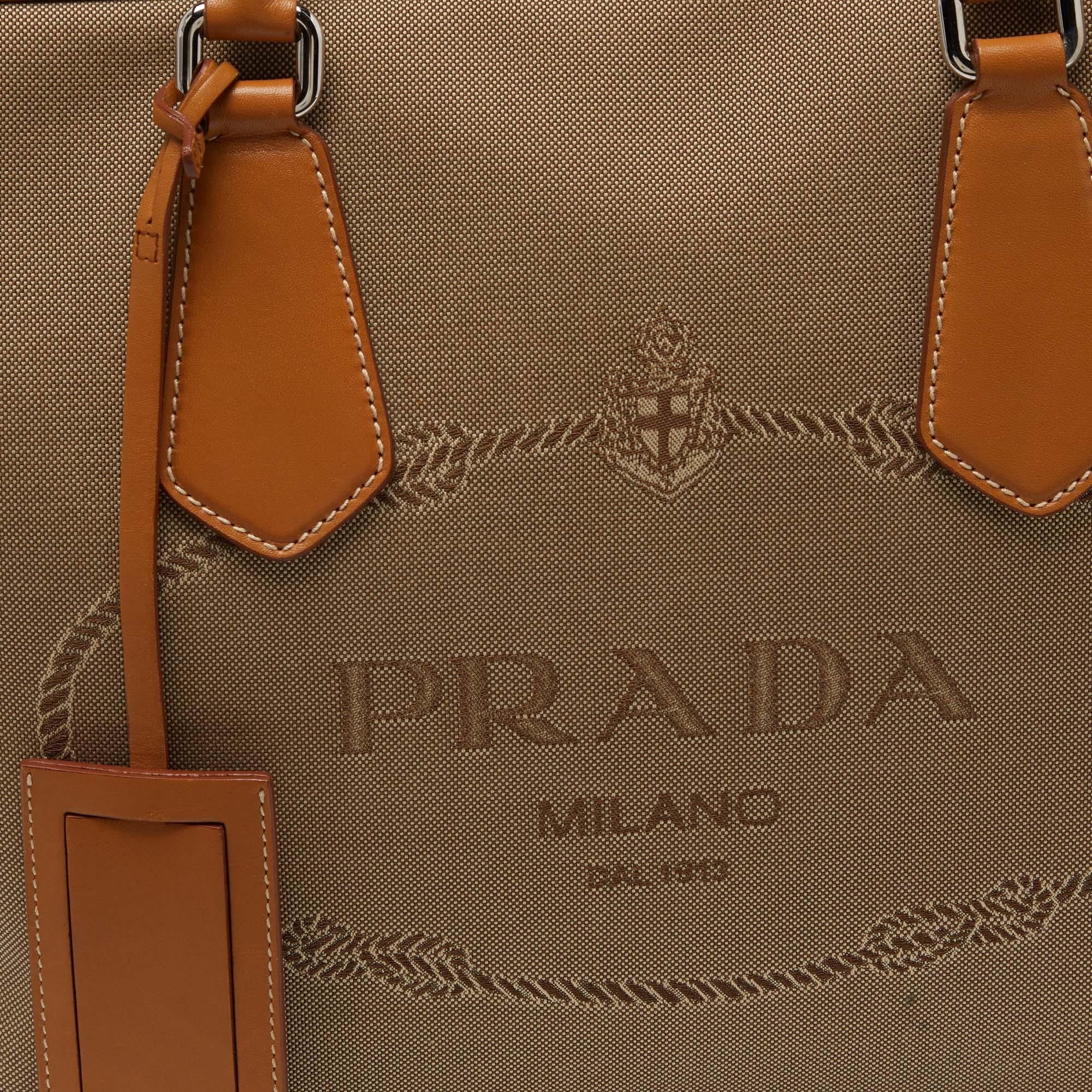 Prada Beige/Brown Logo Jacquard and Leather Bauletto Bag For Sale 2