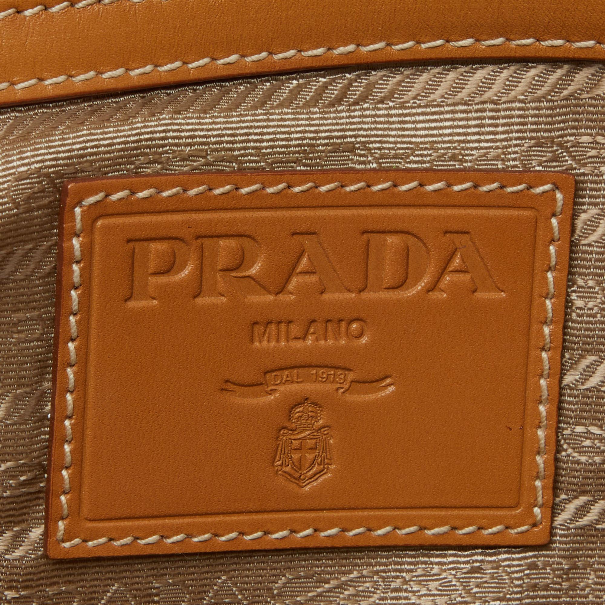 Prada Beige/Brown Logo Jacquard and Leather Bauletto Bag For Sale 4