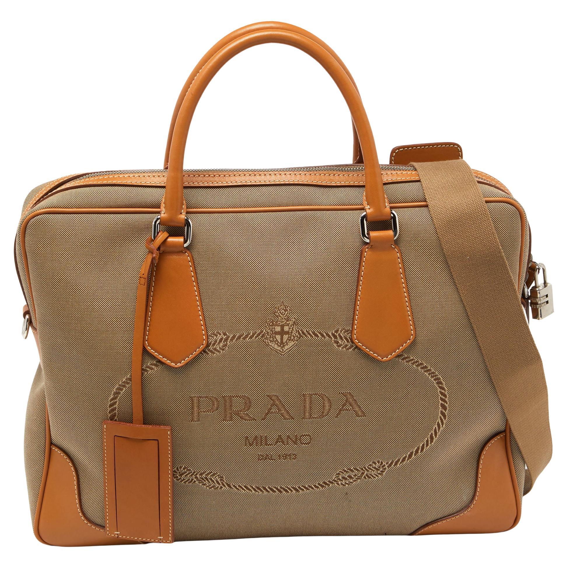Prada Beige/Brown Logo Jacquard and Leather Bauletto Bag For Sale