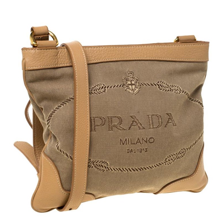 Prada Beige Canvas and Leather Jacquard Logo Satchel