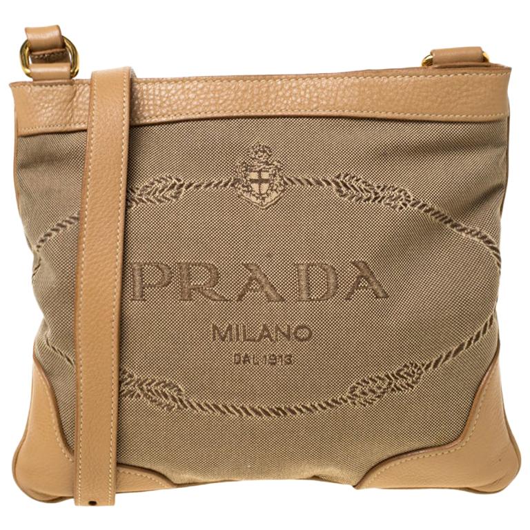 Prada Beige/Brown Logo Jacquard Fabric and Canvas Crossbody Bag at 1stDibs  | prada canvas crossbody, prada jacquard crossbody bag
