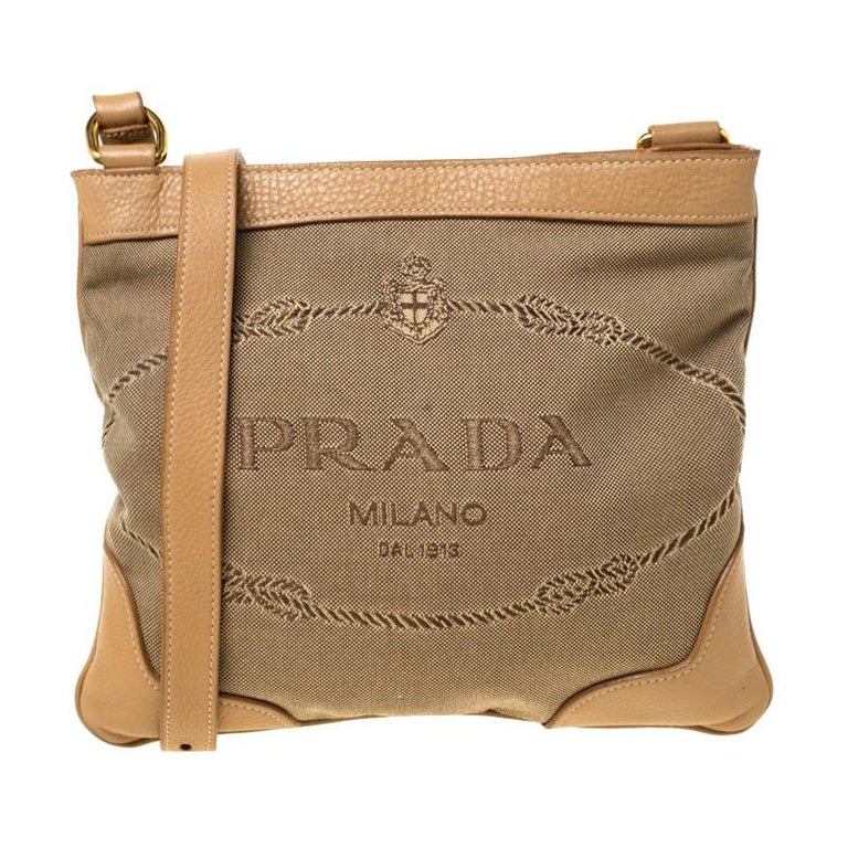 Prada Beige/Brown Logo Jacquard Fabric and Canvas Crossbody Bag at 1stDibs