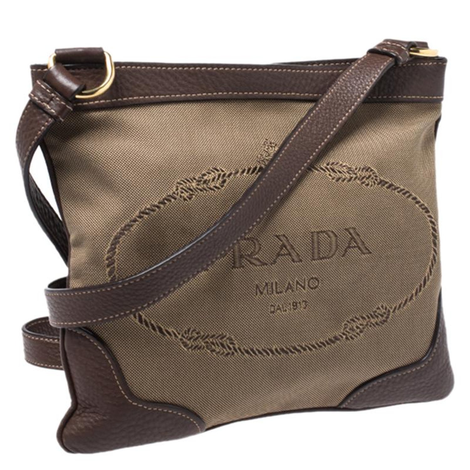 Prada Beige/Brown Logo Jacquard Fabric and Leather Crossbody Bag at 1stDibs