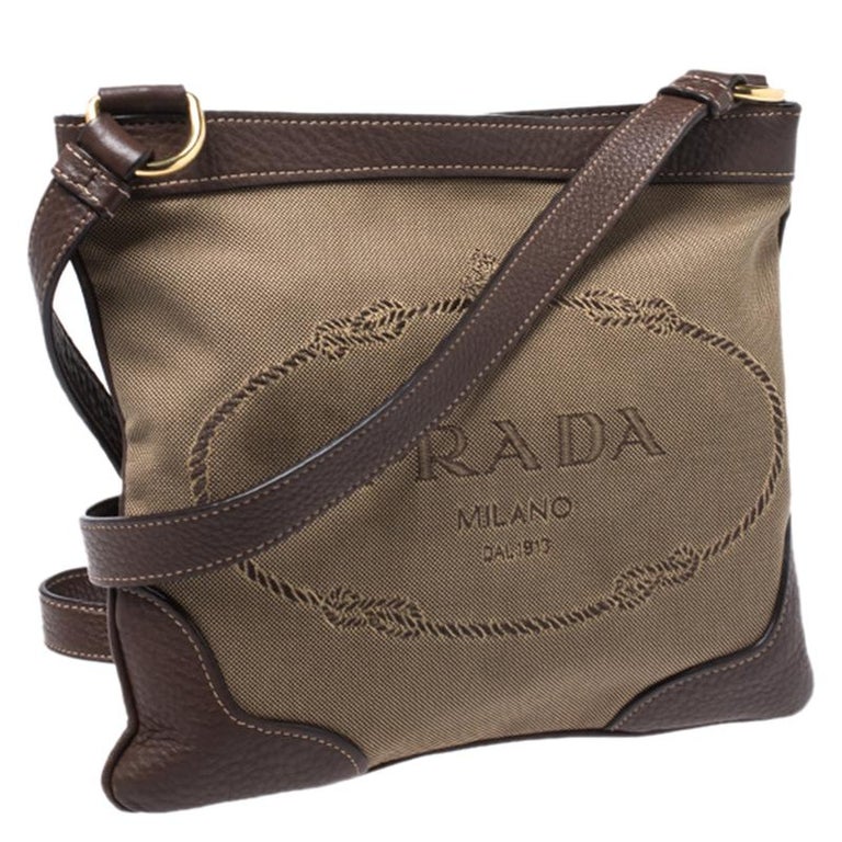 Prada Khaki/Brown Canvas and Leather Jacquard Logo Messenger Bag