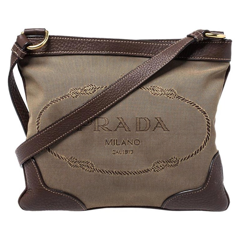 Prada Beige/Brown Logo Jacquard Fabric and Leather Crossbody Bag at 1stDibs