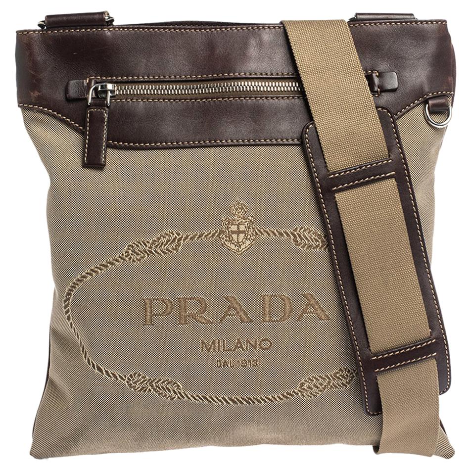 Prada Beige/Brown Logo Jacquard Fabric and Leather Messenger Bag